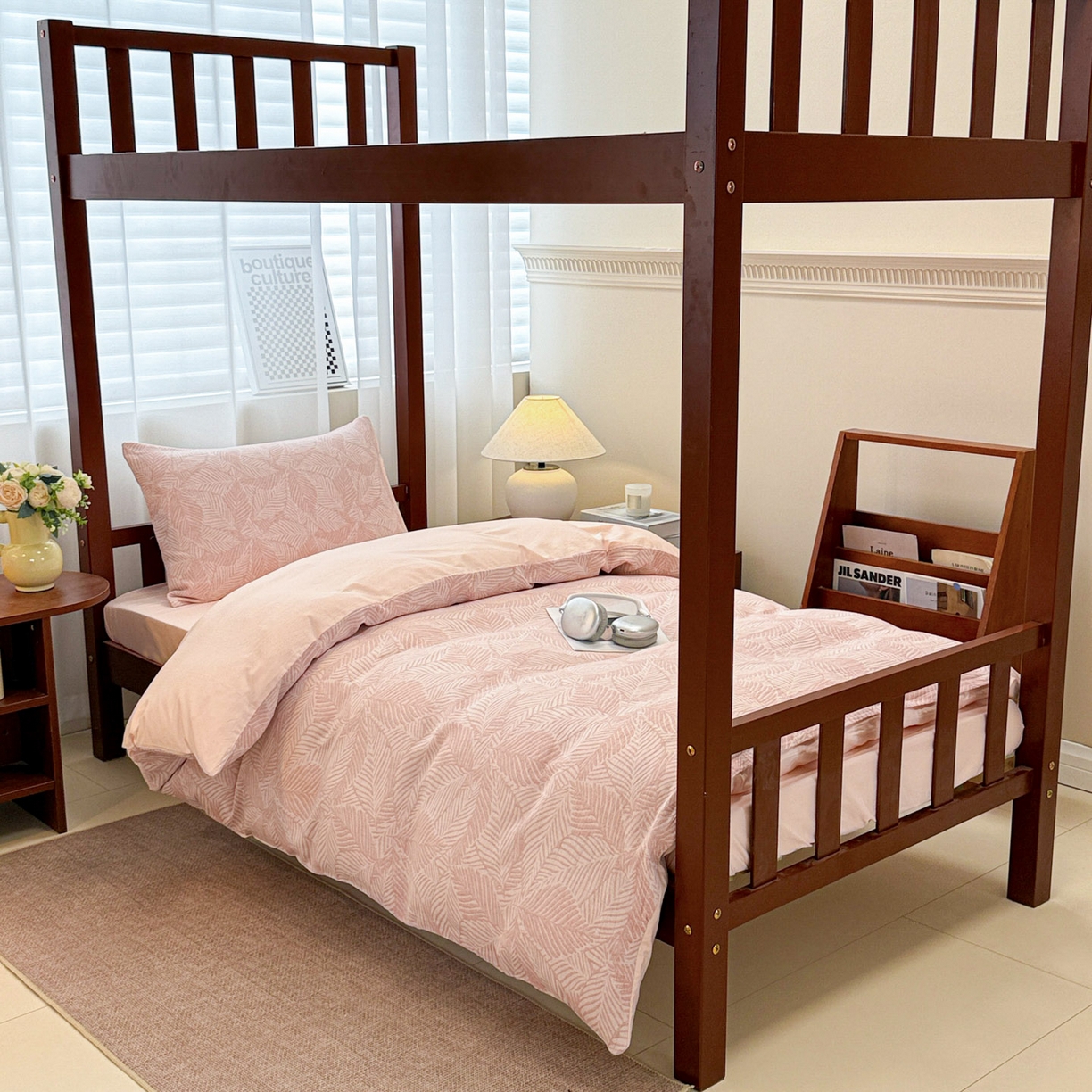 91家纺网 家纺一手货源 找家纺 眠博士 2025新款A类全棉纯棉色织提花三层纱三四件套学生三件套宿舍上下铺 三层纱套件-幸运叶-粉