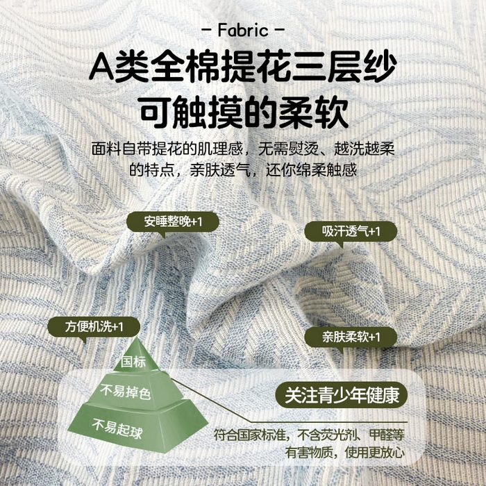 91家纺网 家纺一手货源 找家纺 眠博士 2025新款A类全棉纯棉色织提花三层纱三四件套学生三件套宿舍上下铺 三层纱套件-幸运叶-蓝