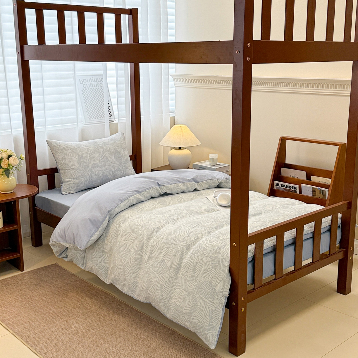 91家纺网 家纺一手货源 找家纺 眠博士 2025新款A类全棉纯棉色织提花三层纱三四件套学生三件套宿舍上下铺 三层纱套件-幸运叶-蓝