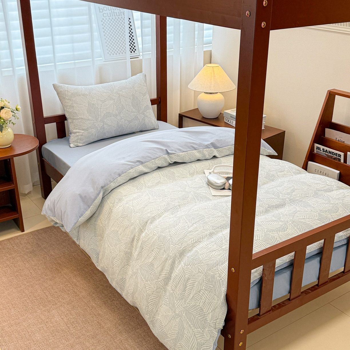 91家纺网 家纺一手货源 找家纺 眠博士 2025新款A类全棉纯棉色织提花三层纱三四件套学生三件套宿舍上下铺 三层纱套件-幸运叶-蓝