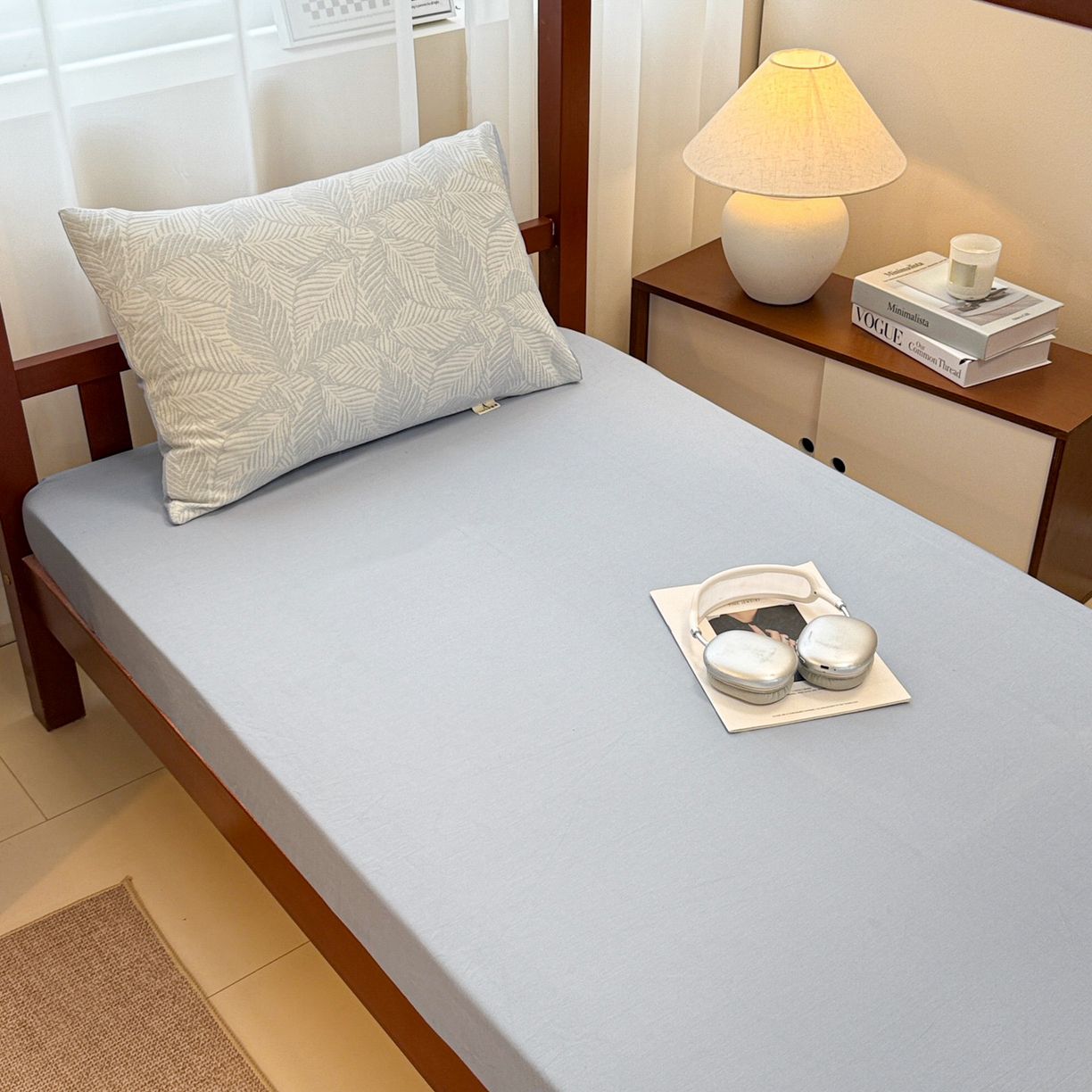 91家纺网 家纺一手货源 找家纺 眠博士 2025新款A类全棉纯棉色织提花三层纱三四件套学生三件套宿舍上下铺 三层纱套件-幸运叶-蓝