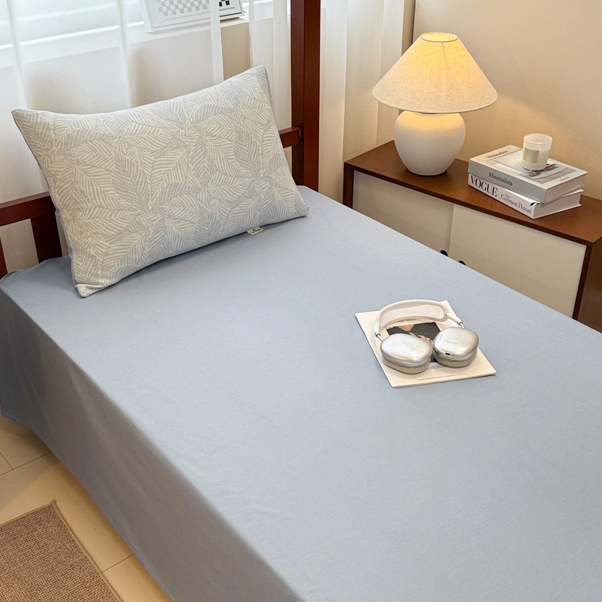 91家纺网 家纺一手货源 找家纺 眠博士 2025新款A类全棉纯棉色织提花三层纱三四件套学生三件套宿舍上下铺 三层纱套件-幸运叶-蓝