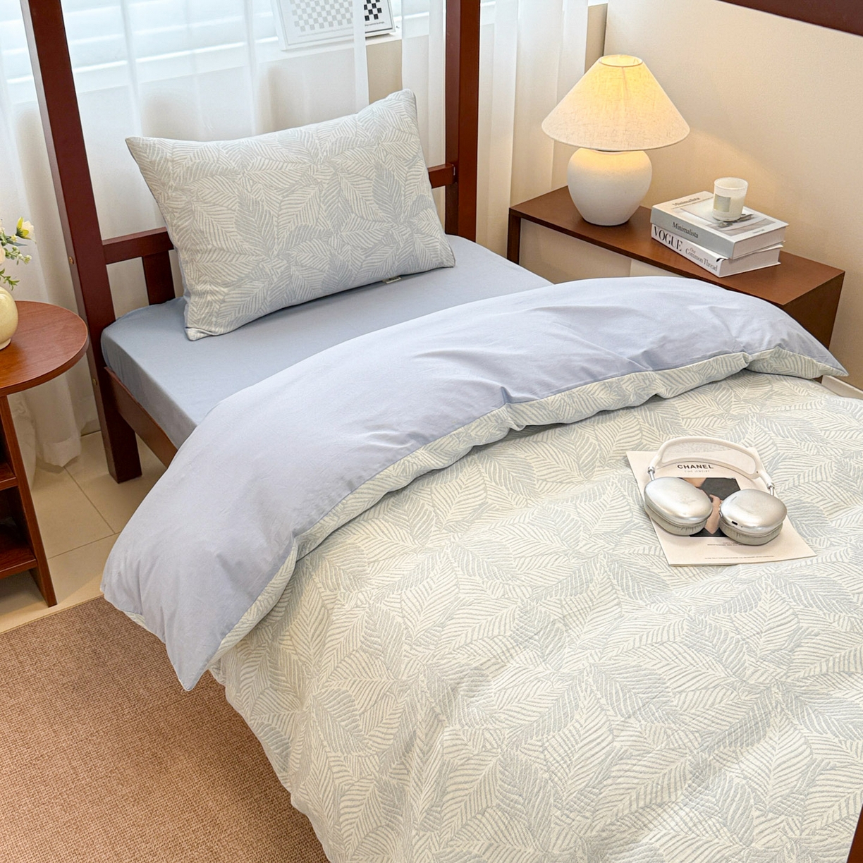 91家纺网 家纺一手货源 找家纺 眠博士 2025新款A类全棉纯棉色织提花三层纱三四件套学生三件套宿舍上下铺 三层纱套件-幸运叶-蓝