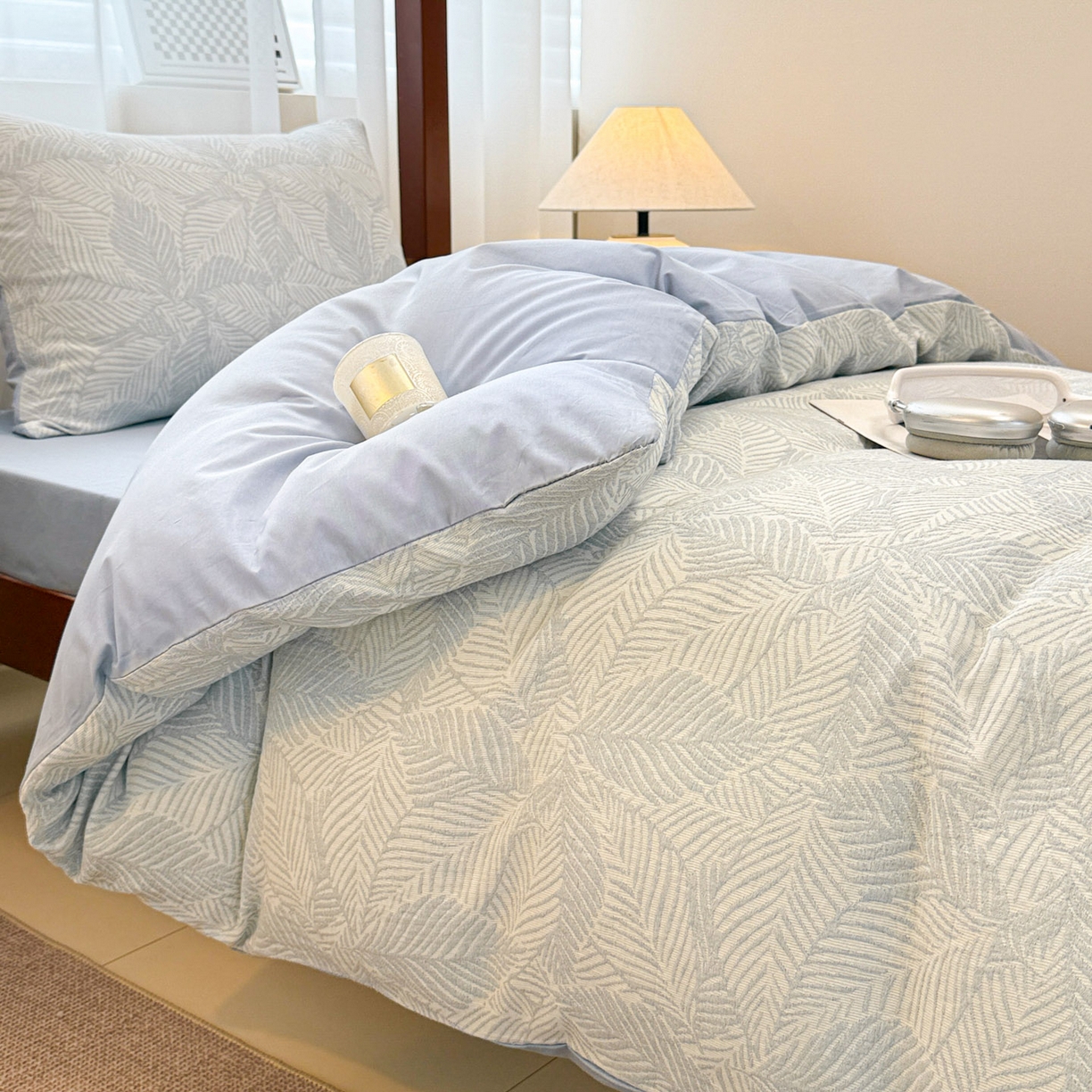 91家纺网 家纺一手货源 找家纺 眠博士 2025新款A类全棉纯棉色织提花三层纱三四件套学生三件套宿舍上下铺 三层纱套件-幸运叶-蓝