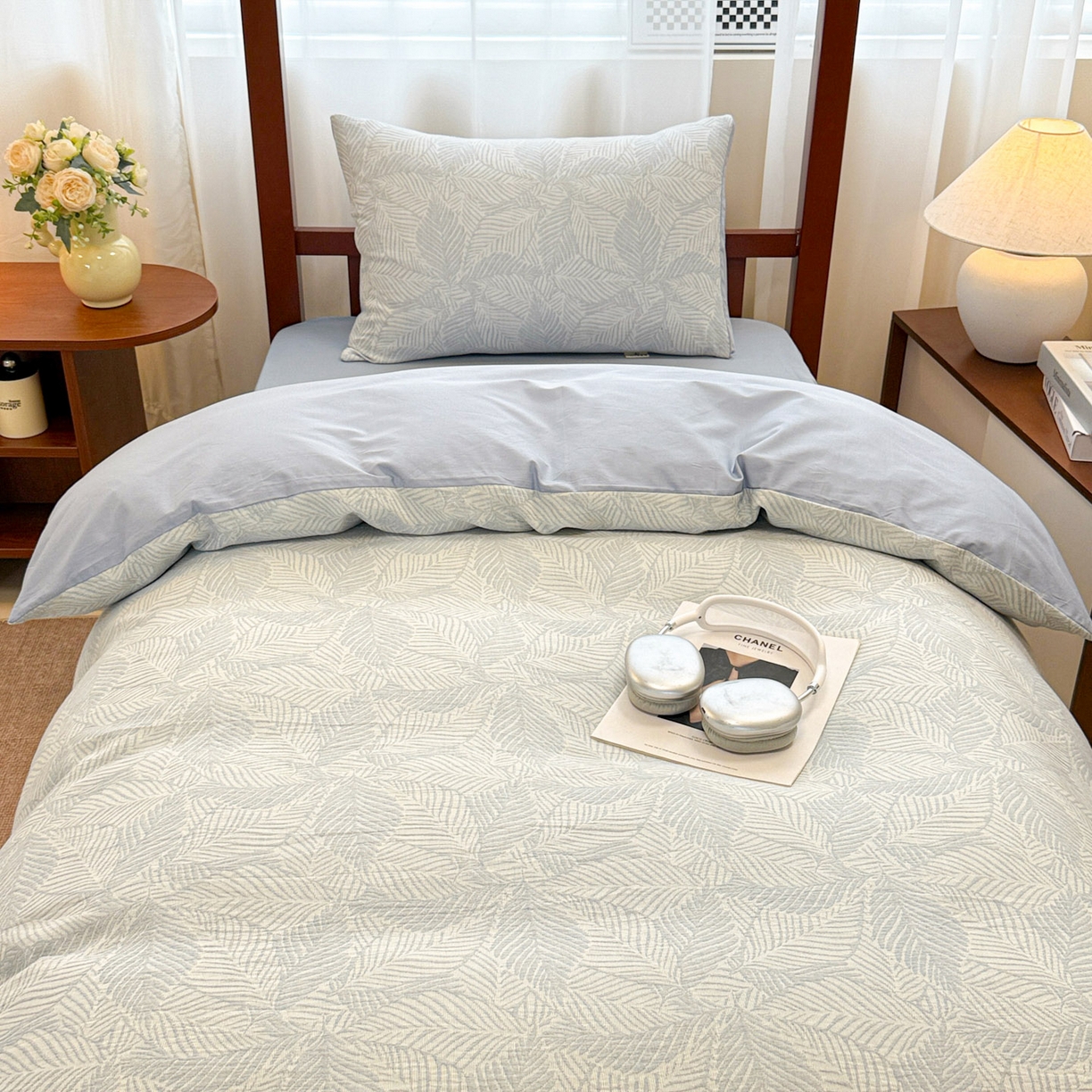 91家纺网 家纺一手货源 找家纺 眠博士 2025新款A类全棉纯棉色织提花三层纱三四件套学生三件套宿舍上下铺 三层纱套件-幸运叶-蓝