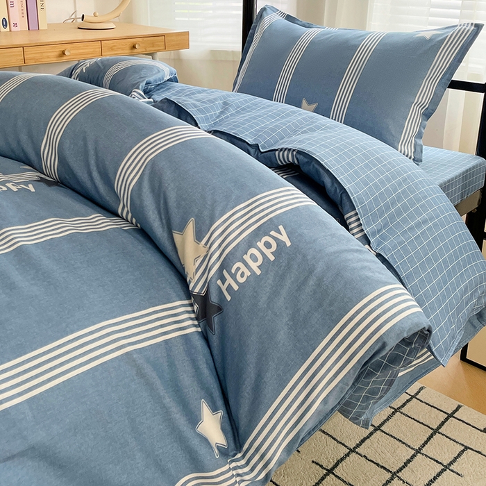 91家纺网 家纺一手货源 找家纺 锦润 2025新款印花12868全棉学生宿舍三件套纯棉六件套星晴-蓝