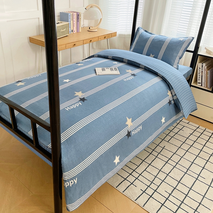 91家纺网 家纺一手货源 找家纺 锦润 2025新款印花12868全棉学生宿舍三件套纯棉六件套星晴-蓝