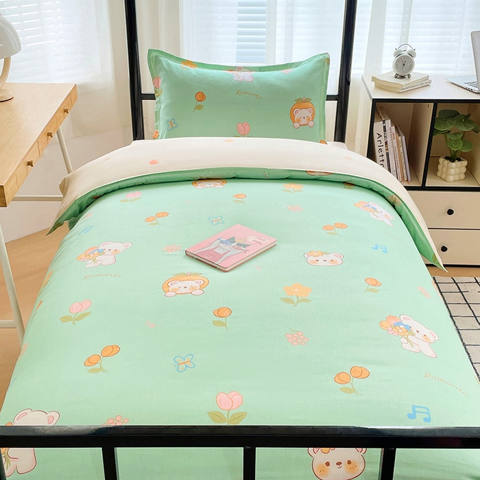 91家纺网 家纺一手货源 找家纺 锦润 2025新款印花12868全棉学生宿舍三件套纯棉六件套可爱熊仔-绿