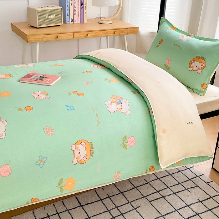 91家纺网 家纺一手货源 找家纺 锦润 2025新款印花12868全棉学生宿舍三件套纯棉六件套可爱熊仔-绿