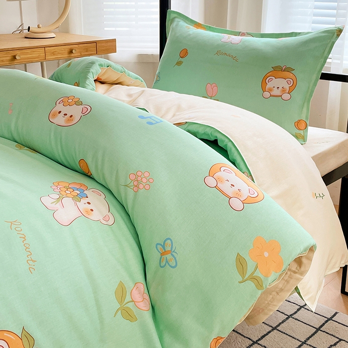 91家纺网 家纺一手货源 找家纺 锦润 2025新款印花12868全棉学生宿舍三件套纯棉六件套可爱熊仔-绿