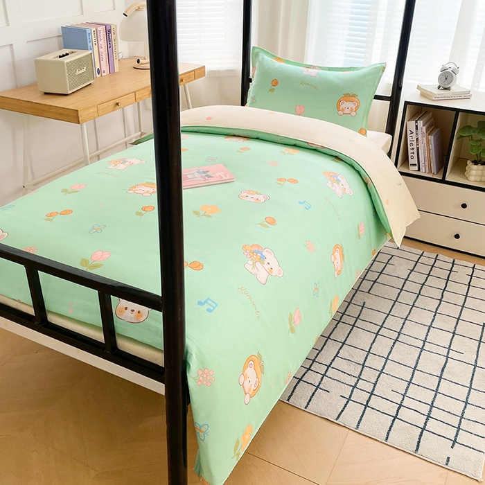 91家纺网 家纺一手货源 找家纺 锦润 2025新款印花12868全棉学生宿舍三件套纯棉六件套可爱熊仔-绿