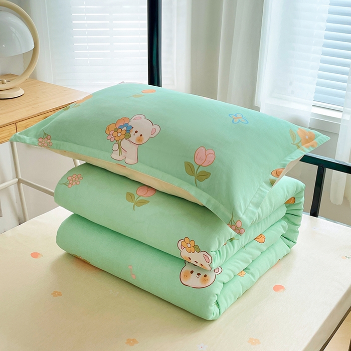 91家纺网 家纺一手货源 找家纺 锦润 2025新款印花12868全棉学生宿舍三件套纯棉六件套可爱熊仔-绿