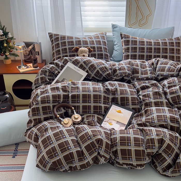 91家纺网 家纺一手货源 找家纺 希丞2025新款复古格子双层纱水洗棉四件套 赫尔学院