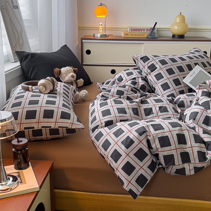 91家纺网 家纺一手货源 找家纺 （总）希丞2025新款复古格子双层纱水洗棉四件套