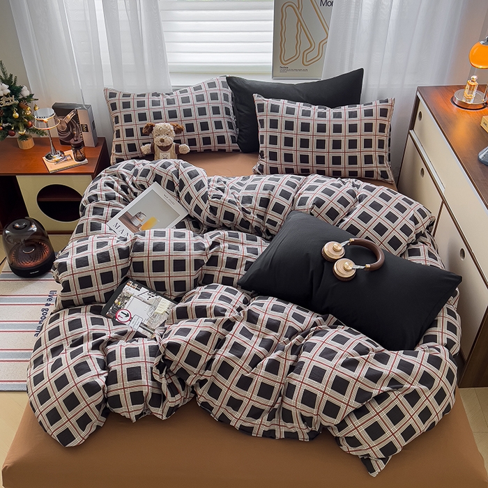 91家纺网 家纺一手货源 找家纺 （总）希丞2025新款复古格子双层纱水洗棉四件套