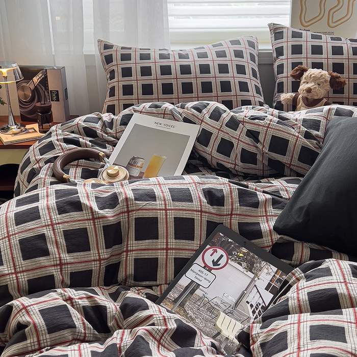 91家纺网 家纺一手货源 找家纺 （总）希丞2025新款复古格子双层纱水洗棉四件套