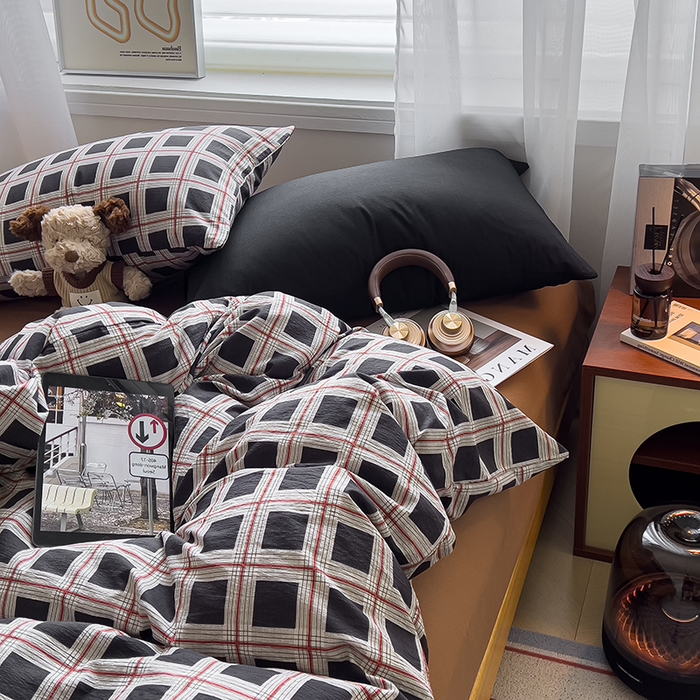 91家纺网 家纺一手货源 找家纺 （总）希丞2025新款复古格子双层纱水洗棉四件套