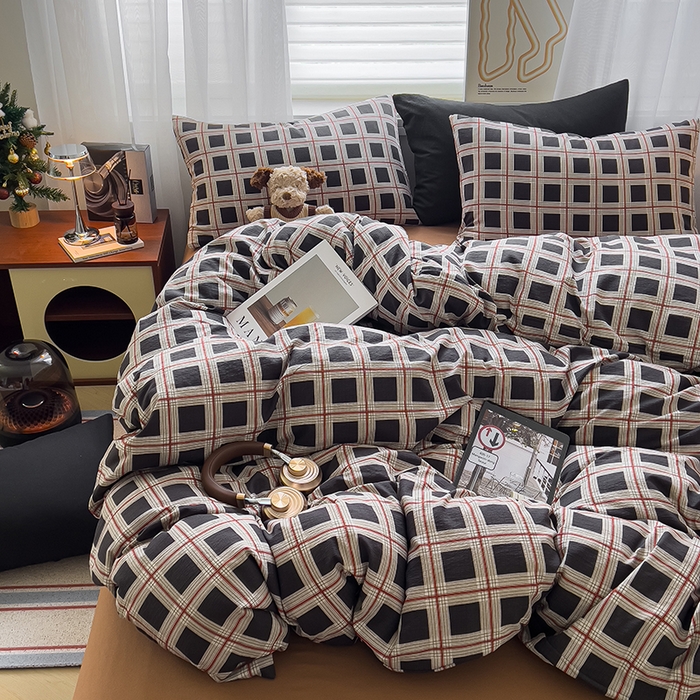 91家纺网 家纺一手货源 找家纺 （总）希丞家居 2025新款学生季格子加厚亚麻四件套（提供买家秀）