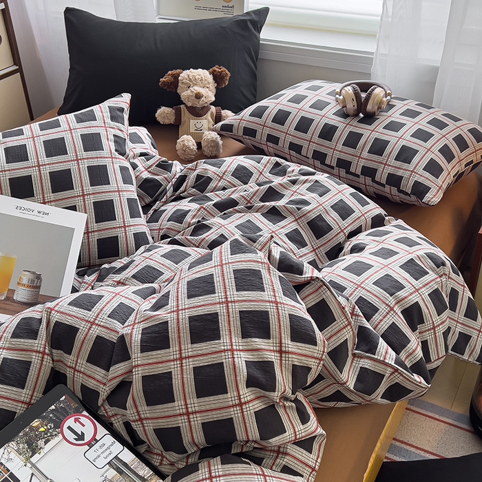 91家纺网 家纺一手货源 找家纺 （总）希丞2025新款复古格子双层纱水洗棉四件套