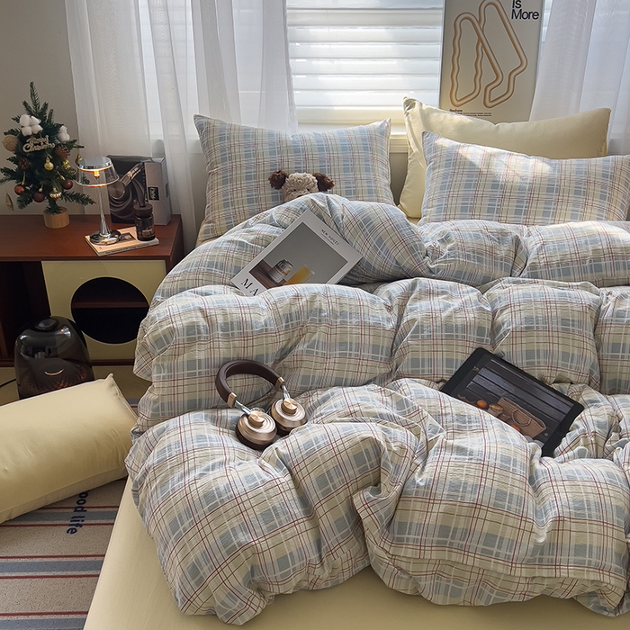 希丞2025新款复古格子双层纱水洗棉四件套 海盐蓝格
