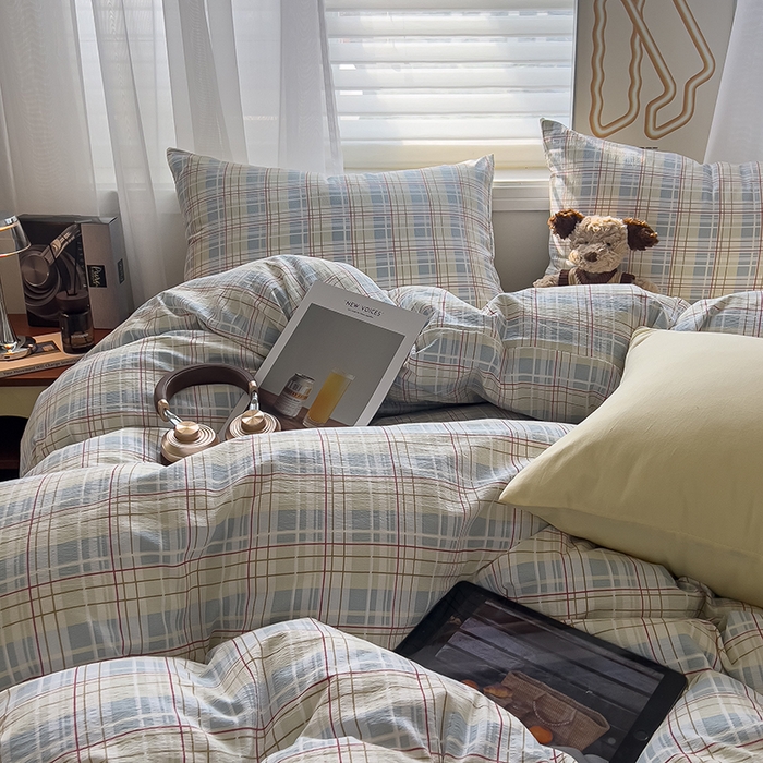 91家纺网 家纺一手货源 找家纺 希丞2025新款复古格子双层纱水洗棉四件套 海盐蓝格