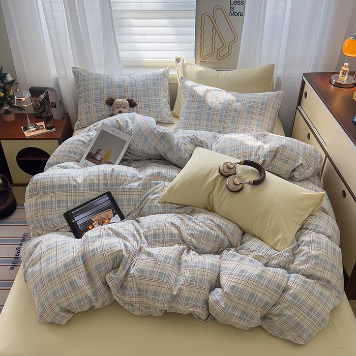 91家纺网 家纺一手货源 找家纺 希丞2025新款复古格子双层纱水洗棉四件套 海盐蓝格