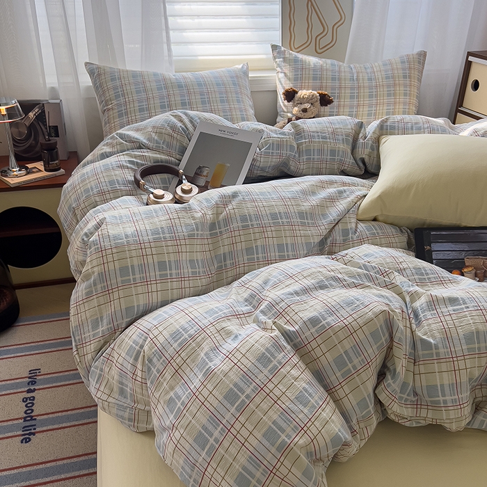 91家纺网 家纺一手货源 找家纺 希丞2025新款复古格子双层纱水洗棉四件套 海盐蓝格