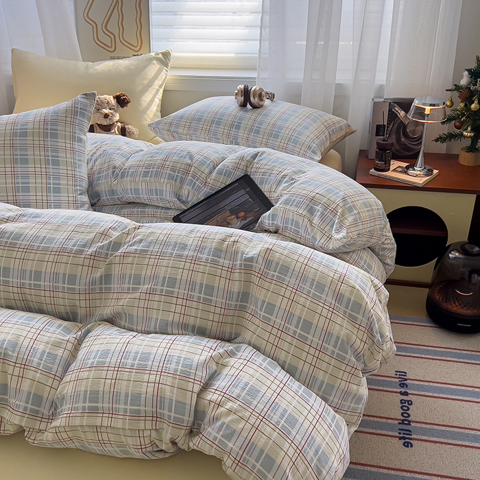 91家纺网 家纺一手货源 找家纺 希丞2025新款复古格子双层纱水洗棉四件套 海盐蓝格