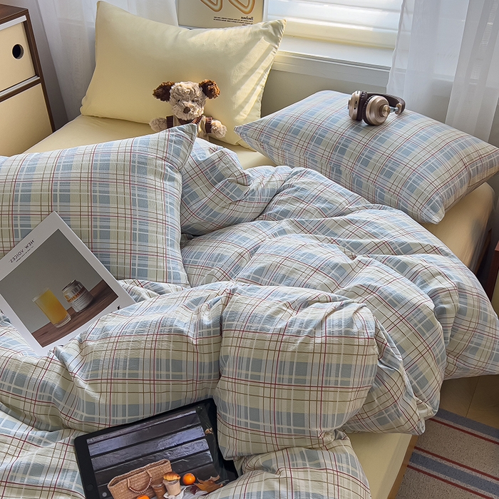 91家纺网 家纺一手货源 找家纺 希丞2025新款复古格子双层纱水洗棉四件套 海盐蓝格