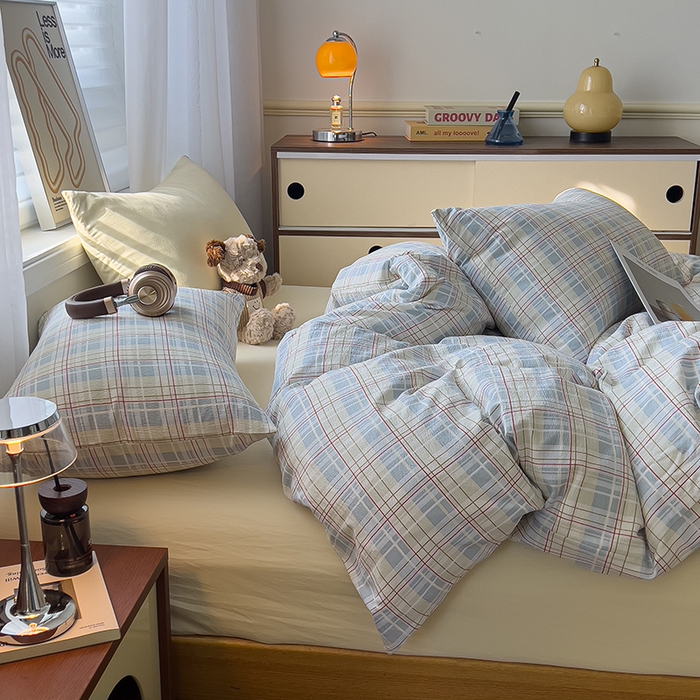 91家纺网 家纺一手货源 找家纺 希丞2025新款复古格子双层纱水洗棉四件套 海盐蓝格