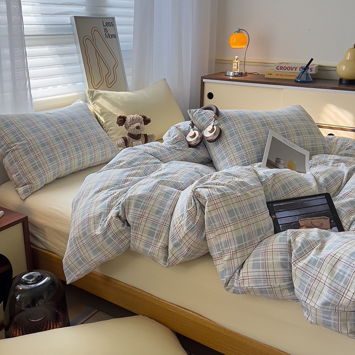 91家纺网 家纺一手货源 找家纺 希丞2025新款复古格子双层纱水洗棉四件套 海盐蓝格