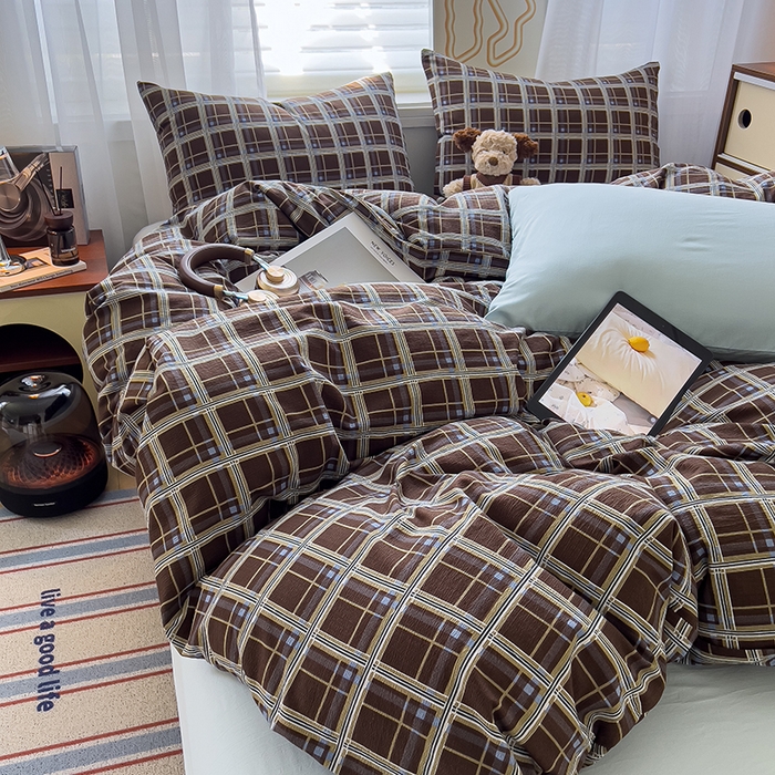 91家纺网 家纺一手货源 找家纺 希丞2025新款复古格子双层纱水洗棉四件套 赫尔学院