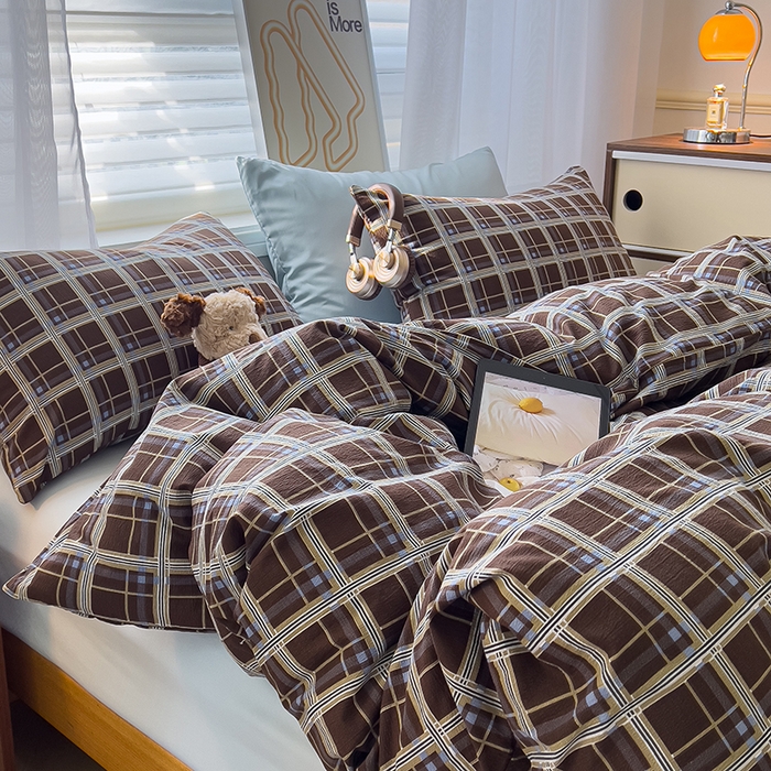 91家纺网 家纺一手货源 找家纺 希丞2025新款复古格子双层纱水洗棉四件套 赫尔学院