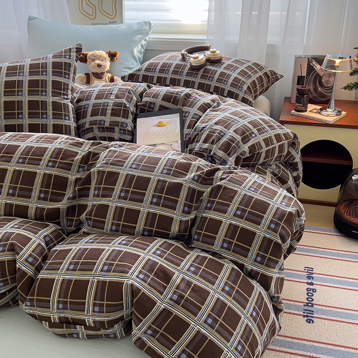 91家纺网 家纺一手货源 找家纺 希丞2025新款复古格子双层纱水洗棉四件套 赫尔学院