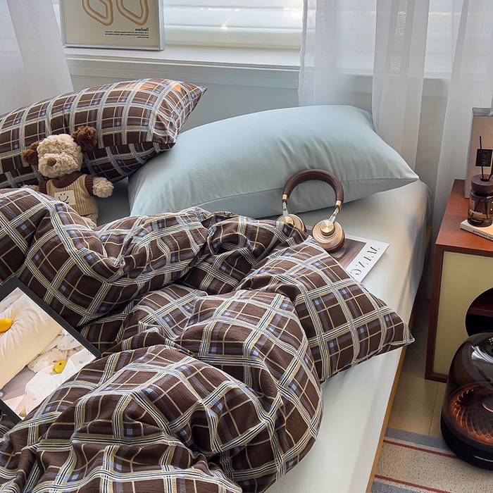 91家纺网 家纺一手货源 找家纺 希丞2025新款复古格子双层纱水洗棉四件套 赫尔学院