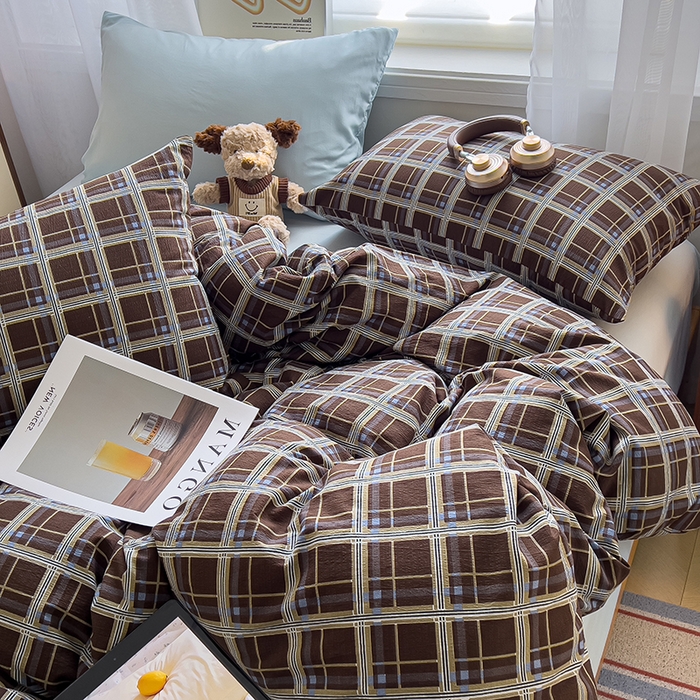 91家纺网 家纺一手货源 找家纺 希丞2025新款复古格子双层纱水洗棉四件套 赫尔学院