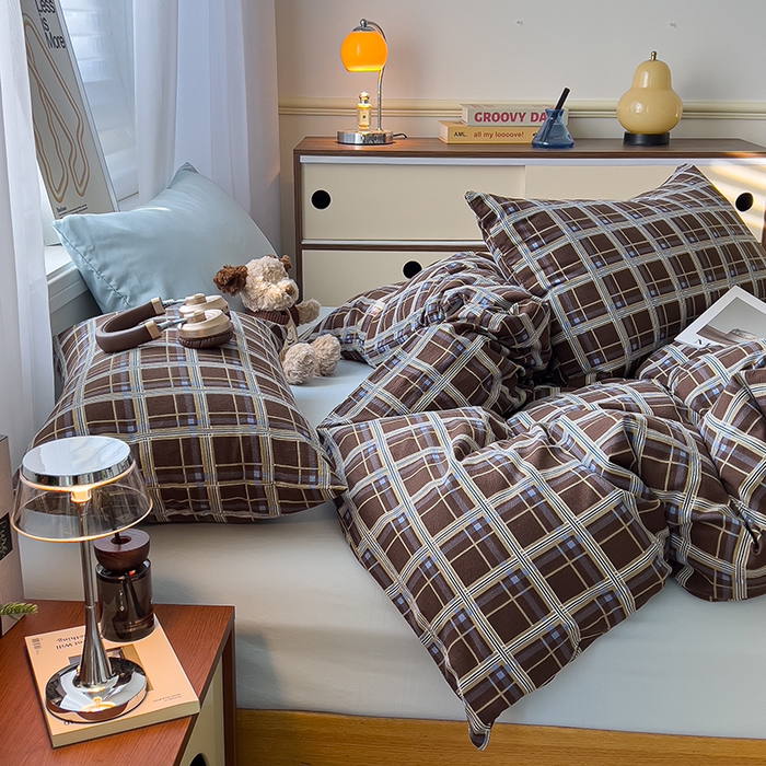 91家纺网 家纺一手货源 找家纺 希丞2025新款复古格子双层纱水洗棉四件套 赫尔学院