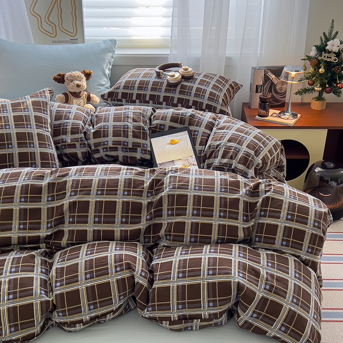 91家纺网 家纺一手货源 找家纺 希丞2025新款复古格子双层纱水洗棉四件套 赫尔学院