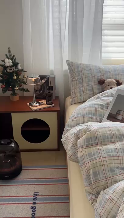 91家纺网 家纺一手货源 找家纺 希丞2025新款复古格子双层纱水洗棉四件套 海盐蓝格