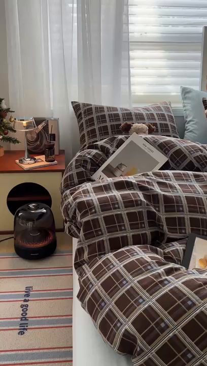 91家纺网 家纺一手货源 找家纺 希丞2025新款复古格子双层纱水洗棉四件套 赫尔学院