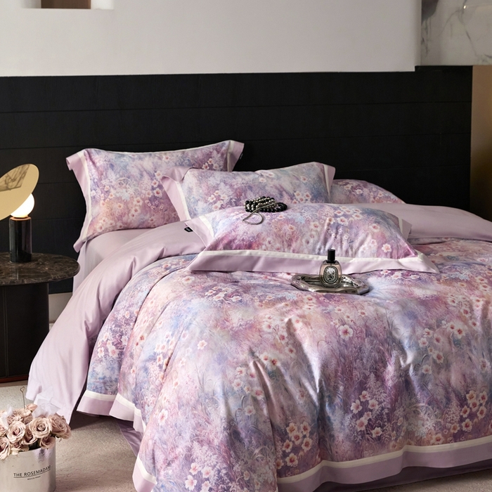 91家纺网 家纺一手货源 找家纺 禾时 2025新款高端100S长绒棉数码印花双拼边全棉纯棉四件套 自然逸梦-粉