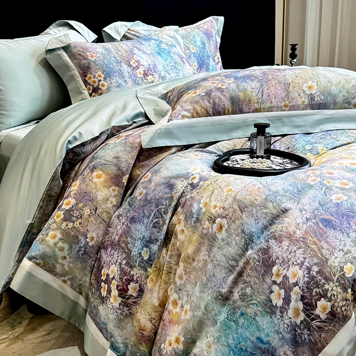 91家纺网 家纺一手货源 找家纺 禾时 2025新款高端100S长绒棉数码印花双拼边全棉纯棉四件套 自然逸梦-绿