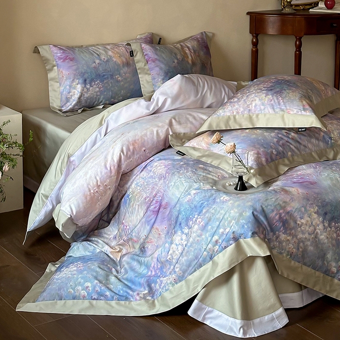 91家纺网 家纺一手货源 找家纺 禾时 2025新款高端100S长绒棉数码印花双拼边全棉纯棉四件套 紫雾迷情