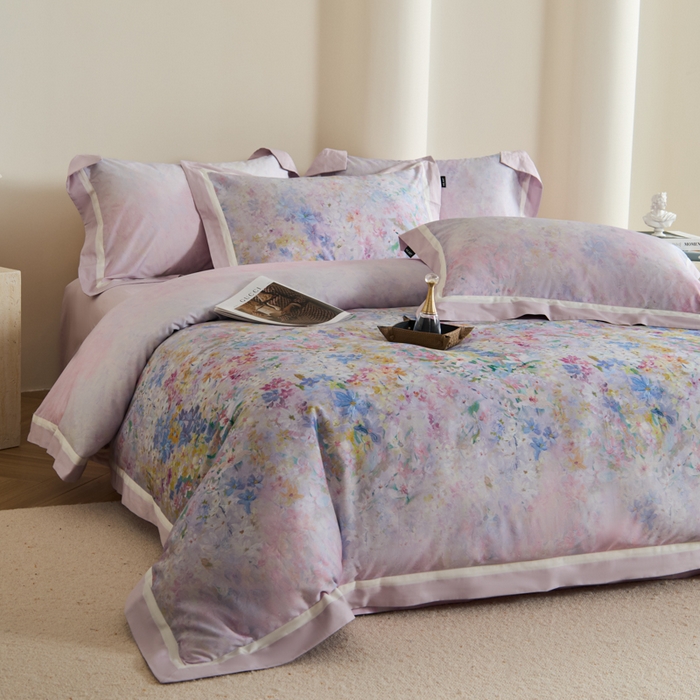 禾时 2025新款高端100S长绒棉数码印花双拼边全棉纯棉四件套 碧海银沙