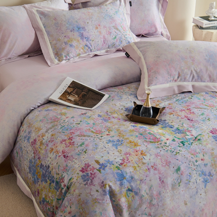 91家纺网 家纺一手货源 找家纺 禾时 2025新款高端100S长绒棉数码印花双拼边全棉纯棉四件套 碧海银沙