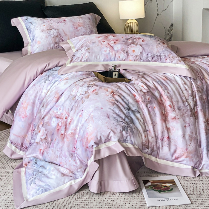 禾时 2025新款高端100S长绒棉数码印花双拼边全棉纯棉四件套 月畔花香