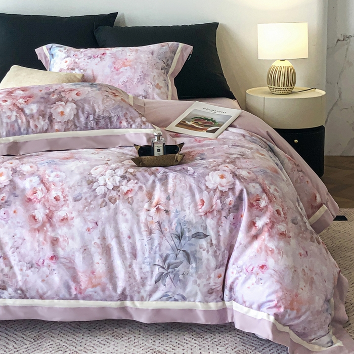 91家纺网 家纺一手货源 找家纺 禾时 2025新款高端100S长绒棉数码印花双拼边全棉纯棉四件套 月畔花香