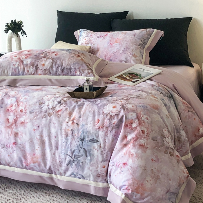 91家纺网 家纺一手货源 找家纺 禾时 2025新款高端100S长绒棉数码印花双拼边全棉纯棉四件套 月畔花香