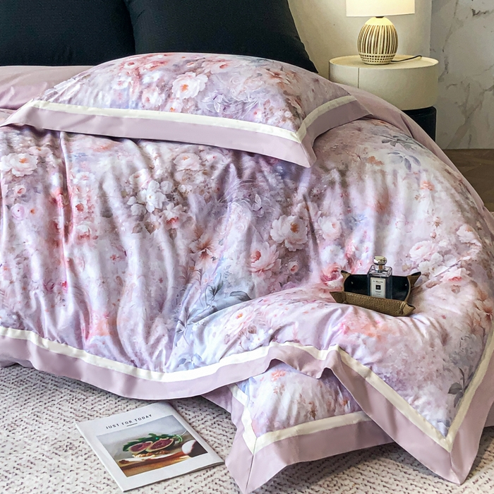 91家纺网 家纺一手货源 找家纺 禾时 2025新款高端100S长绒棉数码印花双拼边全棉纯棉四件套 月畔花香