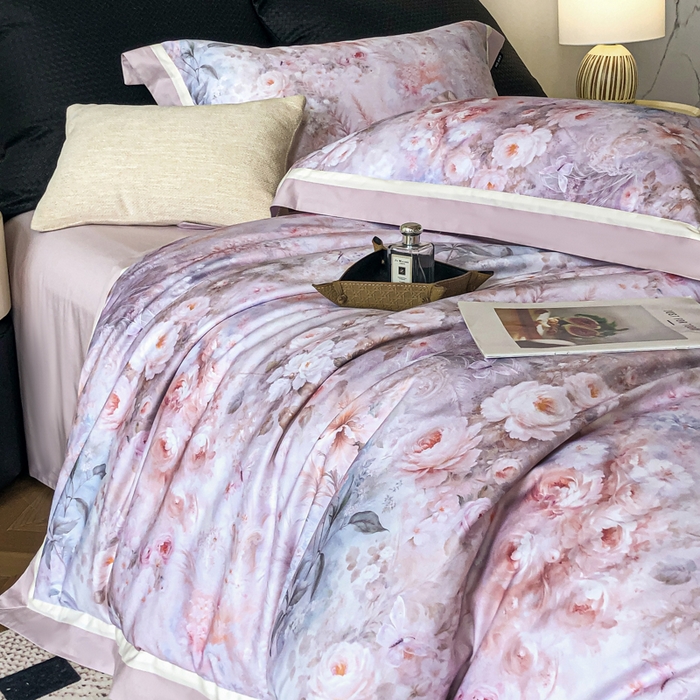 91家纺网 家纺一手货源 找家纺 禾时 2025新款高端100S长绒棉数码印花双拼边全棉纯棉四件套 月畔花香